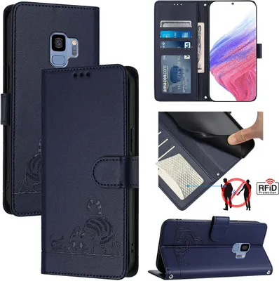 Produktbild von Leder Hülle für Samsung Galaxy S9 Süße Katze Flip Case Brieftasche Schutzhülle mit Standfunktion Blau