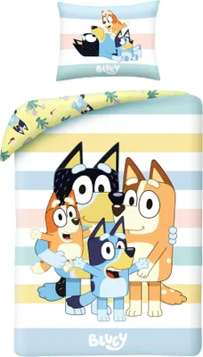A Bluey-themed bedding set featuring the Bluey family characters on a duvet cover and pillowcase, with a striped background.
