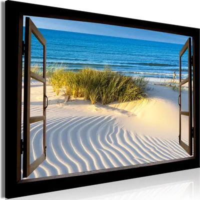 Produktbild von Modernes Wandbild Fensterblick 120x80 - 1 Teile Bilder Fotografie auf Vlies Leinwand Foto Bild Dekoration Wand Bilder Kunstdruck Meer Strand Natur c-C-0397-b-a