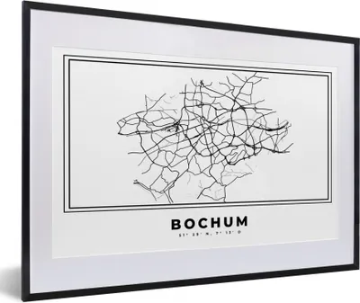 Produktbild von MuchoWow® Gerahmtes Poster Deutschland - Bochum - Stadtplan - Karte - Schwarz-Weiß - Karte 60x40 cm - Poster mit Schwarzem Bilderrahmen Wandposter Rahmen Foto Bilder - Schlafzimmer - Plakat in Rahmen - Drucken