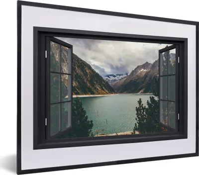 Produktbild von MuchoWow® MuchoWow® Gerahmtes Poster Aussicht - Berg - See 40x30 cm - Poster mit zchwarzem Bilderrahmen - Bilderrahmen - Poster im Rahmen