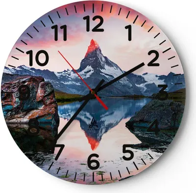 Produktbild von Wanduhr - Rund - Glasuhr - Berge Felsen Wasser - 30x30cm - Schleichendes Uhrwerk - Lautlos - zum Aufhängen bereit - Dekoration Modern - Wanddekoration aus Glas - C4AR30x30-3892