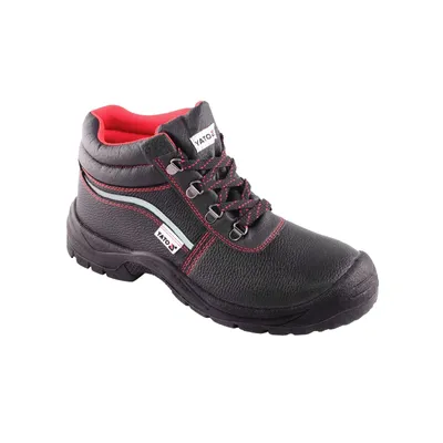 A black work boot with red accents and laces, shown against a white background.