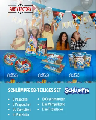 Produktbild von Die Schlümpfe 58-tlg. Party Set – Deko mit Bechern Tellern Servietten Tüten