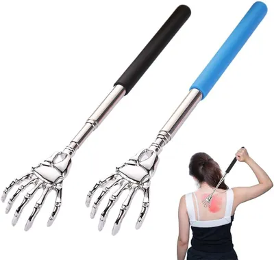 Image de 2 grattoirs de dos en acier inoxydable, noir et bleu, extensibles de 22 à 58 cm, avec manche ergonomique