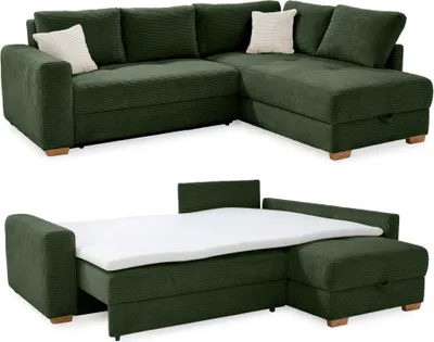 Produktbild von Ecksofa-Dauerschläfer Boxspring Federkern-Couch Topper Bettkasten in Cord Grün / 15213