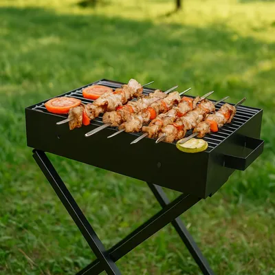 Produktbild von Klappgrill 30 x 60 cm – Holzkohle Standgrill – Höhenverstellbar 63–73 cm – Faltbarer BBQ Grill für Garten & Camping