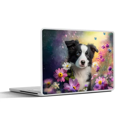 Produktbild von MuchoWow® Laptop Aufkleber Sticker Cover Hund - Blumen - Natur - Welpe - Border Collie 31x22.5 cm - Laptop-Deko
