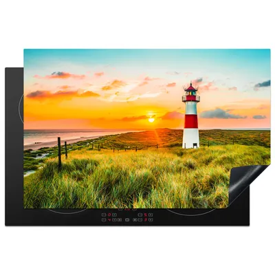 Produktbild von KitchenYeah© Herdabdeckplatte Leuchtturm - Natur - Sonne - Landschaft - Gras - Strand - Meer , 81x52cm, Küche Deko, Glaskeramikkochfeld Herdabdeckung, Abdeckplatte fùr Kochfeld