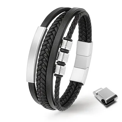 Produktbild von UNIQAL | Lederarmband Herren "SILVER SHAPE" Mens Leather Bracelet | Edelstahl, Echtleder | Etui Box Gratis | Farbe: Silber| Länge: 21 cm