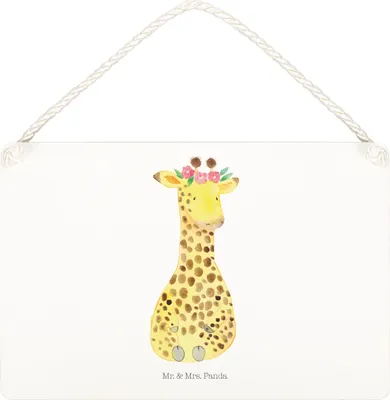 Produktbild von Mr. & Mrs. Panda Schild Giraffe Blumenkranz DIN A4 - Weiß - Geschenk, kleine aufmerksamkeit, holzbild, Abenteurer, Selbstliebe, wandtafel, Afrika, Holzschild, Freundin