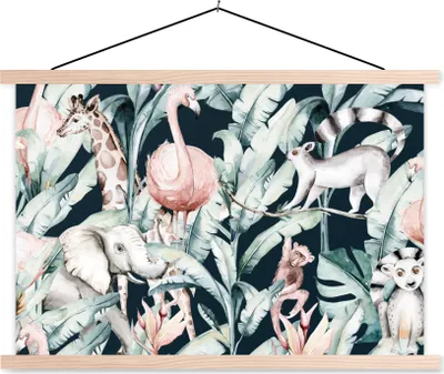 Produktbild von MuchoWow® Textilposter Wasserfarben - Dschungel - Elefant - Giraffe - Jungen - Blau - Kinder - Kinder 120x80 cm mit holzfarbenen Rahmen - Aufhängeset