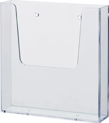 A clear, studio shot of a transparent wall-mounted brochure holder.