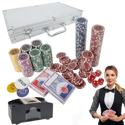 Produktbild von Poker Set 300 Chips mit Koffer – 2 Decks, Würfel, Kartenmischer – Profi Spielset