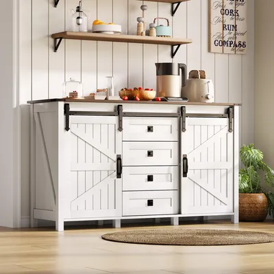 Obrázek produktu pro Komoda, 137 cm, s posuvnými dvířky, 4 zásuvky, vintage styl, barva bílá.
