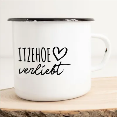Produktbild von Huuraa Emaille Tasse Itzehoe  Geschenk Kaffeebecher Vintage 300ml Itzehoe  Präsent