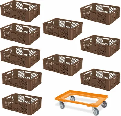 Produktbild von 10 Euroboxen, 600x400x240 mm, braun, lebensmittelecht + Transportroller