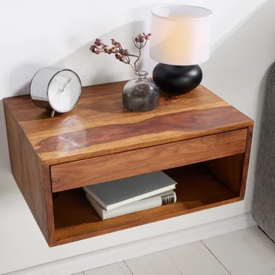 Produktbild von riess-ambiente Hängender Nachttisch PURE 50cm braun Sheesham Massivholz stone finish Regal Schublade
