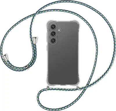 Produktbild von Handykette Backcover-Schutzhülle mit Band (Metall silberfarben) für Samsung S25 - grün/blau/weiß