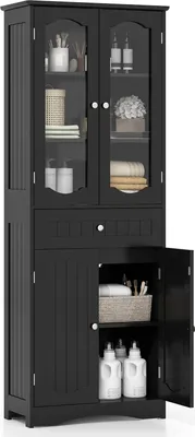 A black freestanding bathroom cabinet with glass doors and a drawer, shown against a white background.