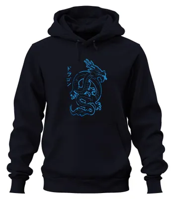 Produktbild von Japanischer Drache Neon Blau Katakana ドラゴン Cyberpunk Hoodie Kapuzenpullover, Navy, L