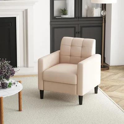 Immagine prodotto di Poltrona in velluto con gambe in legno, schienale ergonomico e rivestimento beige