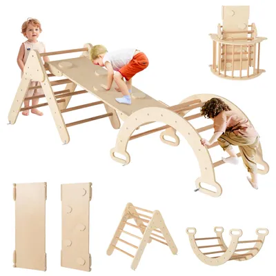 Produktbild von DREAMADE Klettergerüst mit Kletterbogen und Rutsche,Montessori Indoor Kletterdreieck ab 1 Jahre(Natur)