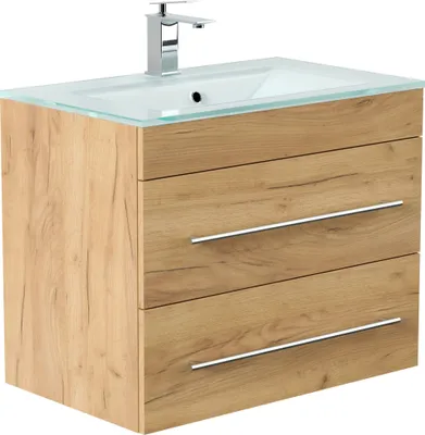 Produktbild von Badmöbel Vitro 750 mit Glaswaschbecken SoftClose eiche gold : Eiche Gold