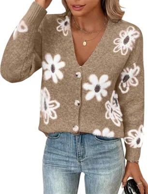 Produktbild von ASKSA Damen Strickjacke V-Ausschnitt Langarm Lose Blumenmuster Knopf Offene Cardigan Strickpullover (Khaki,S)