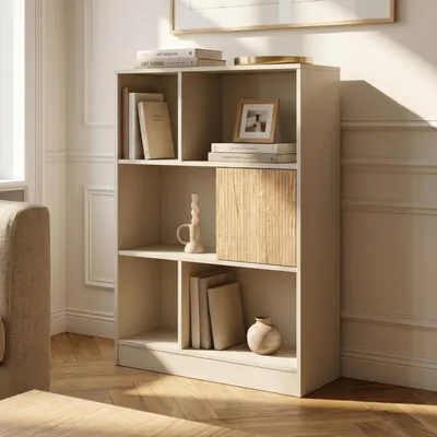 Produktbild von Bücherregal 'Karena' mit Tür und 5 offenen Fächern 112 x 70 x 30 cm Cremeweiß/Eicheoptik
