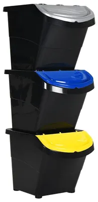 Image de vidaXL Poubelle avec couvercles 3 pcs Empilable noir PP 78 L