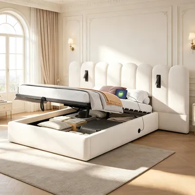 Productafbeelding van Boxspringbed 160 x 200 cm met hydraulische opbergruimte, een hoog fluweel hoofdeinde, 2 verstelbare leeslampen en USB-oplaadpoorten, beige