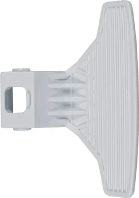 A white plastic washing machine door handle is shown against a white background.