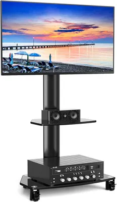Produktbild von Standardmobiler Standfuß auf Rollen für Plasma-, LCD- und LED-Fernseher mit 27 bis 65 Zoll - Mobiler, rollbarer TV-Stand mit Laptopablage