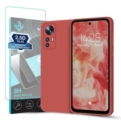 Produktbild von Hülle für Xiaomi 12 Pro mit 9H Displayglas Displayschutz Case Cover Bumper Smartphone Softgrip Schutzhülle Farbe: Rot