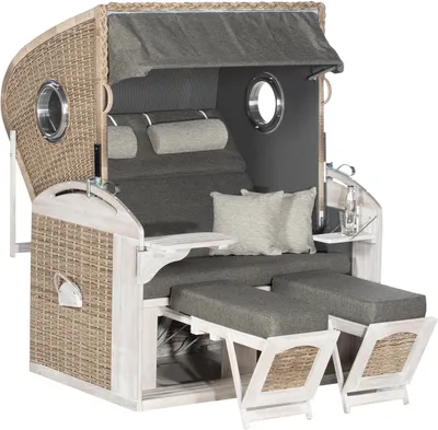 Produktbild von Gartenstrandkorb 305 Z Comfort XL 2-Sitzer XL m.Bullaugen, Geflecht vintage-oak, Liegemodell, Pinienholz Icefloweroptik gebürstet, zum Selbstaufbau