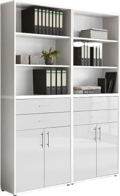 Produktbild von Aktenschrank TABOR 20 in weiß / weiß Hochglanz, Schrankwand, Büroschrank, Metallgriffe