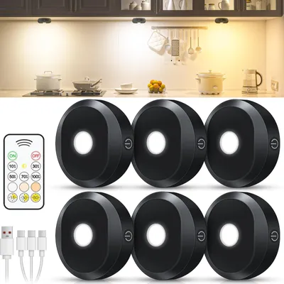 Obrázok produktu pre LED osvetlenie do vitrín, bezdrôtové, s USB nabíjaním, LED bodové svetlá s batériou a diaľkovým ovládaním, 3 farby svetla, osvetlenie do skríň, podstavné osvetlenie do kuchyne, nepriame osvetlenie s funkciou časovača (balenie 6 kusov)