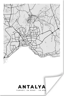 Produktbild von MuchoWow® Poster Antalya - Stadtplan - Schwarz und weiß - Karte 80x120 cm - Papierdruck