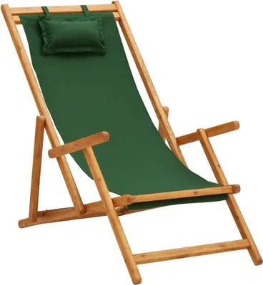 Image de The Living Store Chaise de plage pliante en bois massif d'eucalyptus et tissu vert