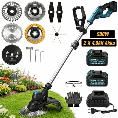Produktbild von 980W Akku Rasentrimmer Bürstenloser 7 IN 1 mit 2×4.0Ah Akku 18V, 14800 RPM mit 7 Klingentypen Ø300 mm, 100-140cm Einstellbar, Freischneider Garten