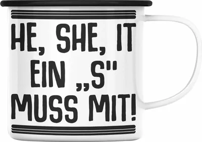 Produktbild von Trendation - Englischlehrer Emaille Tasse Geschenk He She It Englischlehrerin Geschenkidee Spruch Grundschule (Schwarz)