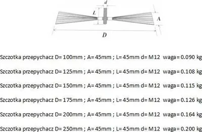 A diagram showing dimensions of a brush, followed by a list of brush specifications and weights.