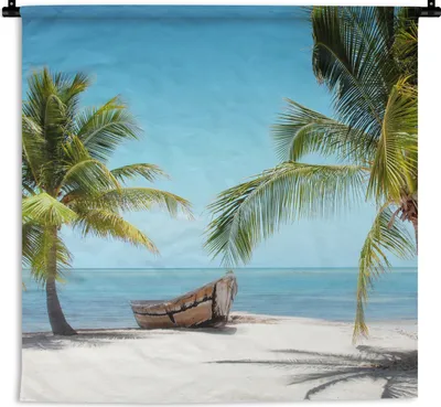 Produktbild von MuchoWow® Wandteppich Wandbehang Palme - Boot - Strand 60x60 cm Tapisserie Dekoration Wandtuch - Dekorationen - Wand Decke