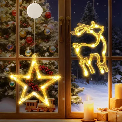 Leuchtendes Fenster Weihnachten, 2 St., Kunststoff, Warmlicht