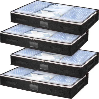 Immagine prodotto di 4 pezzi Scatola portaoggetti sotto il letto con coperchio - Scatola portaoggetti grande sotto il letto - Scatola portaoggetti - Contenitore - Contenitore con cerniera per biancheria da letto piumone (nero)