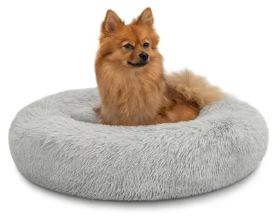 Immagine prodotto di lionto Donut dog bed, divano rotondo per cani con rivestimento in peluche e borchie antiscivolo, morbido e accogliente, diametro 60 cm, grigio chiaro