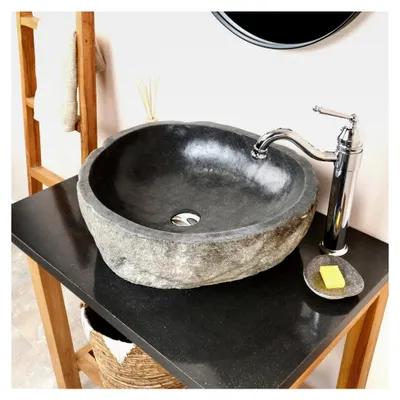 Produktbild von 50 cm rundes Waschbecken aus grauem Naturstein
