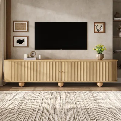 Produktbild von Merax TV-Lowboard mit Schiebetüren, TV-Schrank mit vertikal geriffelter Lamellenoptik, TV-Board mit Kabelmanagement und Kugelfüßen, Retro, Natur