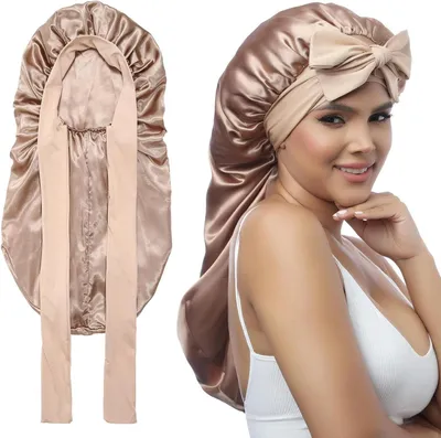 Immagine prodotto di Cappuccio da notte in raso - Copricapo per la notte - Protegge i capelli - Tessuto delicato sulla pelle - Lunghezza 65 cm - Nero